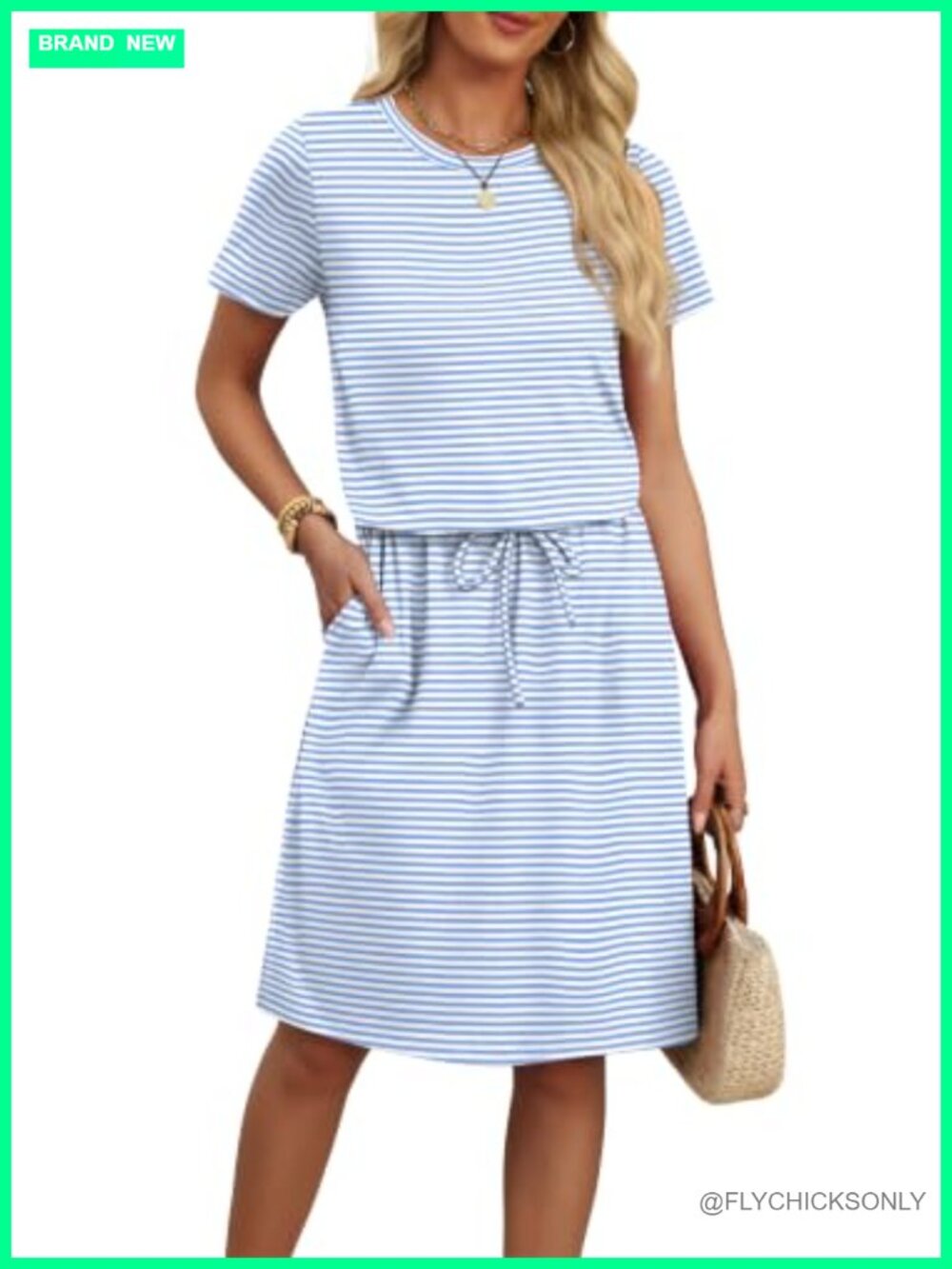 Women's Casual A-Line Sundress with Pockets Short Sleeve Crew Neck Tie Waist